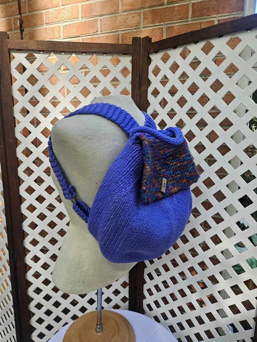 Handmade Tight Knit Backpack in Royal Purple with Multicolor Flap & Button Close